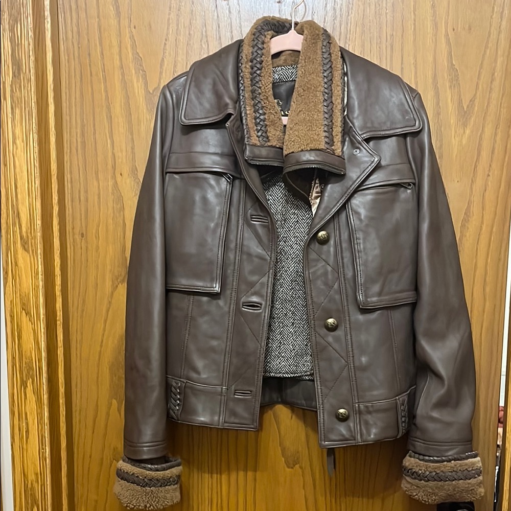 Mackage Women’s Brown Leather Jacket with Shearling Trim